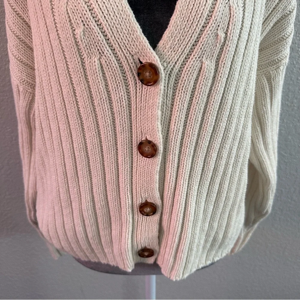 a new day Cream Knit Ribbed Cardigan Sweater Button Front Medium - Picture 2 of 5